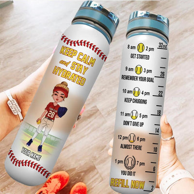 Personalized Keep Calm And Stay Hydrated Softball Girl 32oz Water Tracker Bottle