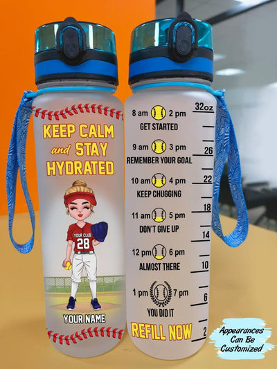 Personalized Keep Calm And Stay Hydrated Softball Girl 32oz Water Tracker Bottle