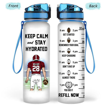 Personalized Keep Calm And Stay Hydrated Football Player 32oz Water Tracker Bottle