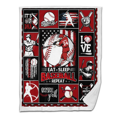 Baseball Sherpa Blanket Batter Swinging Eat Sleep Baseball Repeat Personalized Gift