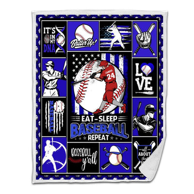 Baseball Sherpa Blanket Batter Swinging Eat Sleep Baseball Repeat Personalized Gift Blue Version