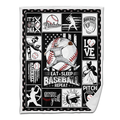Baseball Sherpa Blanket Pitcher Throwing Eat Sleep Baseball Repeat Personalized Gift Black Version
