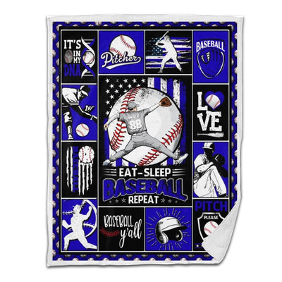 Baseball Sherpa Blanket Pitcher Throwing Eat Sleep Baseball Repeat Personalized Gift Blue Version