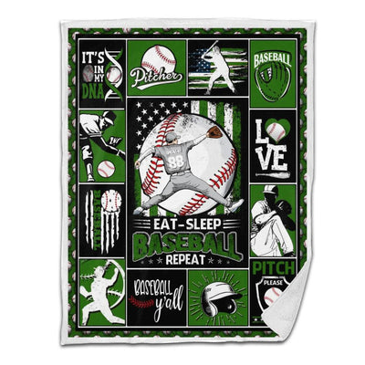 Baseball Sherpa Blanket Pitcher Throwing Eat Sleep Baseball Repeat Personalized Gift Dark Green Version
