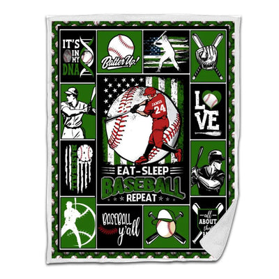Baseball Sherpa Blanket Batter Swinging Eat Sleep Baseball Repeat Personalized Gift Dark Green Version