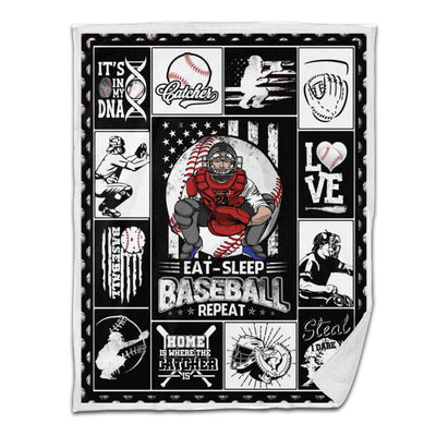 Baseball Sherpa Blanket Catcher Catching Eat Sleep Baseball Repeat Personalized Gift Black Version 01
